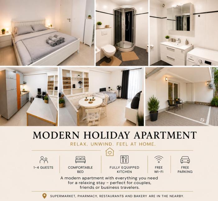 MODERN HOLIDAY APARTMENT Free Parking Free WiFi Fully Equipped 1 to 4 Guests