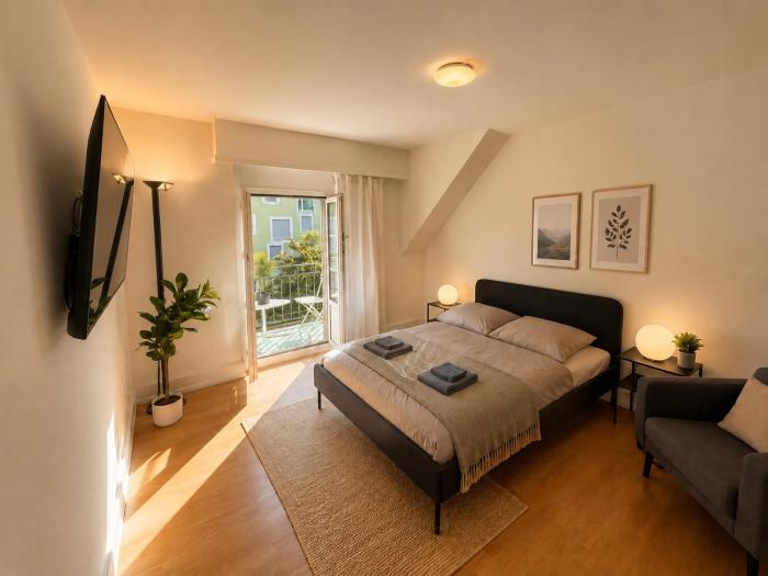 Helles Zimmer mit Balkon, BBQ-Terrasse und WLAN
