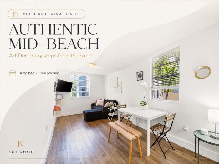 1924 Art Deco apartment in Mid-Beach king bed free parking 1 minute to the sand