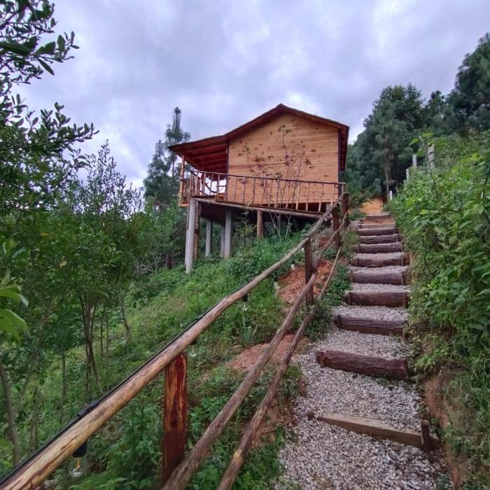 Acojedora cabaña con chimenea y fogata en el bosque cerca de san José del pacifico