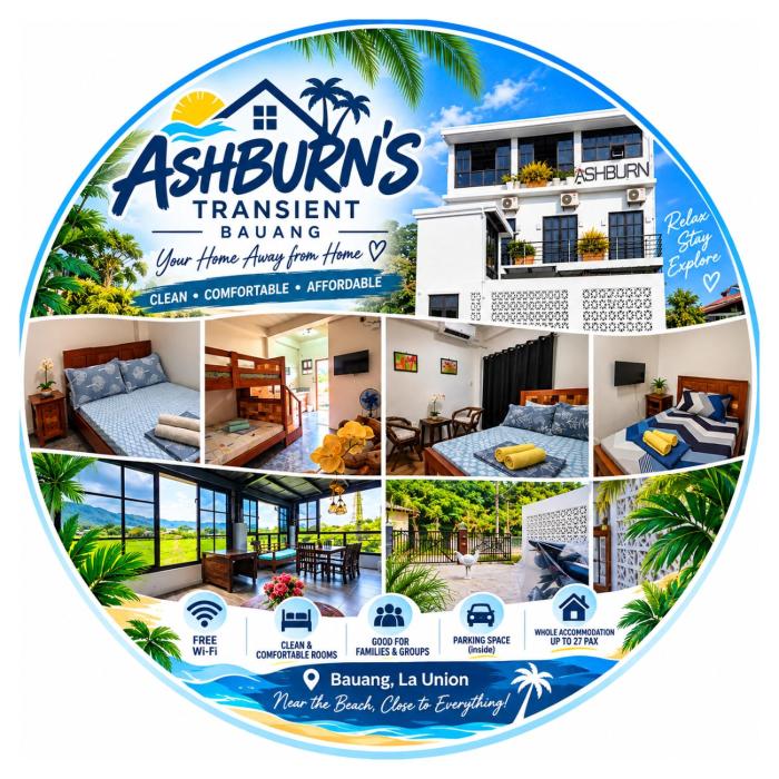ASHBURNS TRANSIENT - BAUANG, PRIVATE AC & FAMILY ROOMS near the BEACH