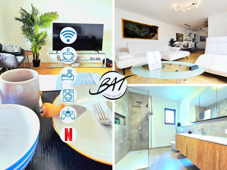 BAT Home Solutions Trierweiler - alles was ein Hotel nicht bietet - 5 Apartments 40 bis 120 qm für bis zu 29 Personen - 5-Raum-Apartment barrierefrei - 60 qm Balkon mit Blick bis Luxemburg - einzeln bis komplett buchbar - 3 Min zur A64 - B&B Trierweiler