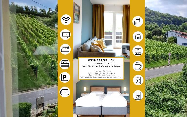 WEINBERGBLICK im Haus FREY - 3 Schlafzimmer ,Küche, 2 Bäder, 2 Balkone, Parkplatz direkt vor der Tür - B&B Leinsweiler