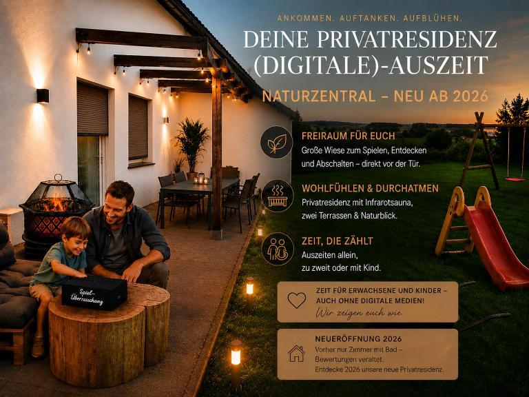 NaturZentral - neu ab 2026 Privatresidenz mit Sauna, Terrasse & Naturblick sowie großer Wiese für Auszeiten allein, zu zweit oder mit Kind - B&B Frankenberg