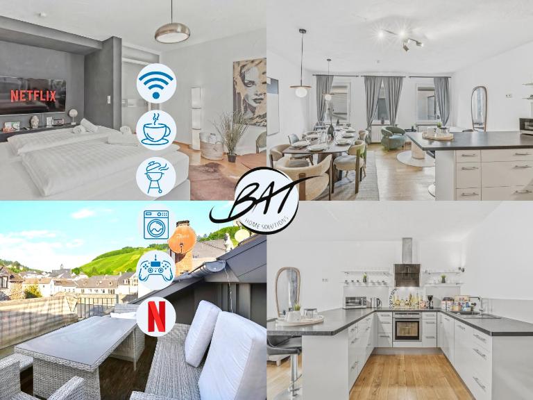 BAT Home Solutions Saarburg Altstadt - alles was ein Hotel nicht bietet - direkt am berühmten Wasserfall - 151 qm Stadthaus von 1732 für 12 Personen - Dachterrasse mit Grill & Weinbergblick - Garage & Weinkeller - Ferienwohnung Saarburg