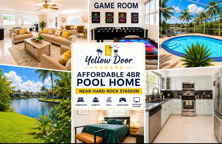 4bdrm Waterfront salt water Pool home with Outdoor theater Game Rm Make up vanities in every room Perfect for Game days and concerts trips to Miami Hard rock stadium and hotel 15 mins away - B&B Miramar
