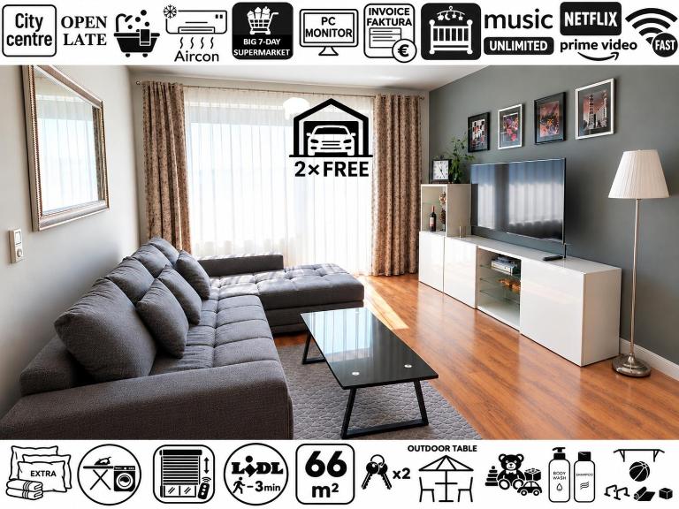 E1 Luxury OldTown Apt - 2x Parking, Foodstore, PCscreen, Netflix, Unlimited Music, Crib, BabyChair, FastWifi, Aircon - B&B Košice