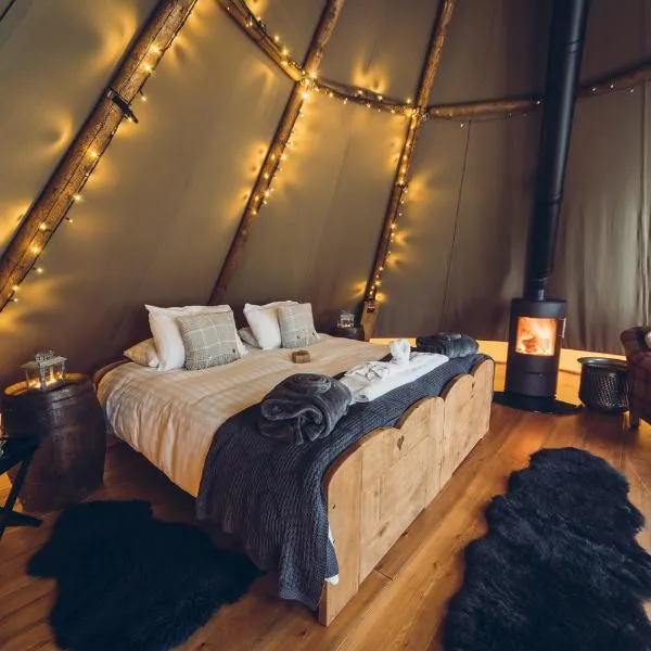 Scaldersitch Farm Boutique Glamping Tipi with private wood fired hot tub, hotel in Sheen