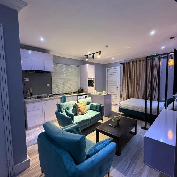 Balcony Teal Snug Open-Plan Studio Unit in Lekki Phase 1-Netflix, Wi-Fi, 24-7 Light, Washer, Kitchen，位于拉各斯的酒店