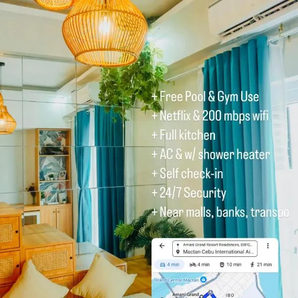 Modern Studio 4 Minutes from Mactan-Cebu Airport, Pool, Wi-Fi & Kitchen, hotel in Pusok