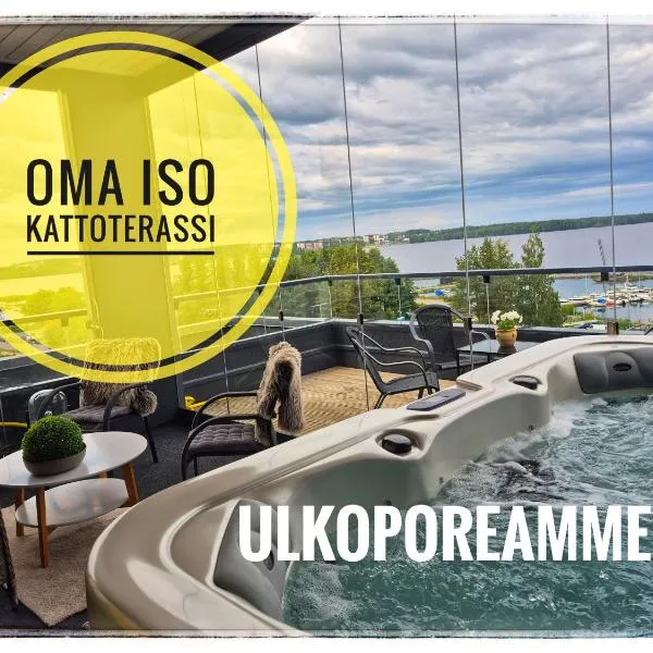 TAMPERE PENTHOUSE-tasokas moderni kaupunki huoneisto huipulla -ISO JACUZZI omalla KATTOTERASSILLA - AURINKOTUOLIT ja Aurinko odottaa Sinua - huikea maisema- - 10 HLÖ - free parking, Hotel in Tampere