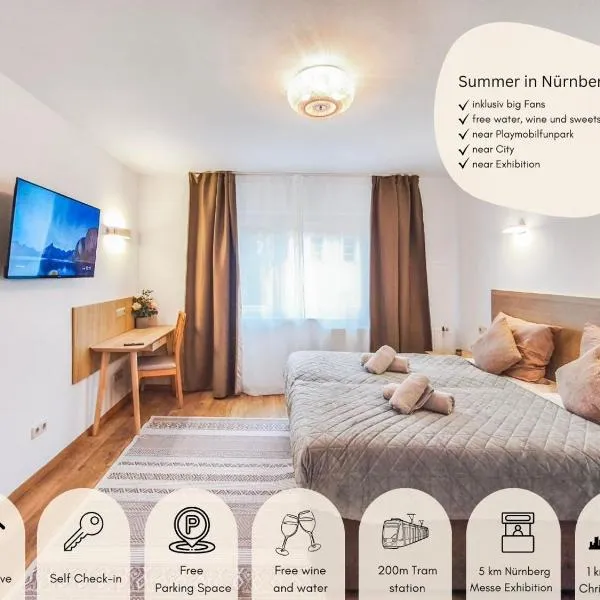 Falk Homes- Luxus Apartments, ideal für Geschäftsreisende & Familien - nahe Messe, im Zentrum Nürnbergs mit Balkon, Arbeitsplatz & Parkplatz, inkl großen Ventilatoren, Handtücher & Bettwäsche, Playmobilfunpark, self check-in, hotel in Nuremberg