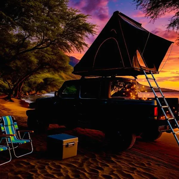 Embark on a journey through Maui with Aloha Glamp's jeep and rooftop tent allows you to discover diverse campgrounds, unveiling the island's beauty from unique perspectives each day, hotel in Paia