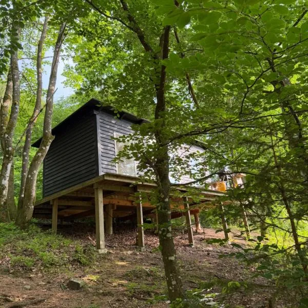 Idylisk primitiv hytte midt i skoven, hotel Themben