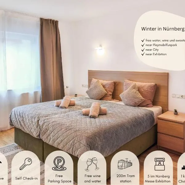 Falk Homes- Luxus Apartments, ideal für Geschäftsreisende & Familien - nahe Messe, im Zentrum Nürnbergs mit Balkon, Arbeitsplatz & Parkplatz, Handtücher & Bettwäsche, nähe Playmobilfunpark, self check-in, hotel in Nürnberg