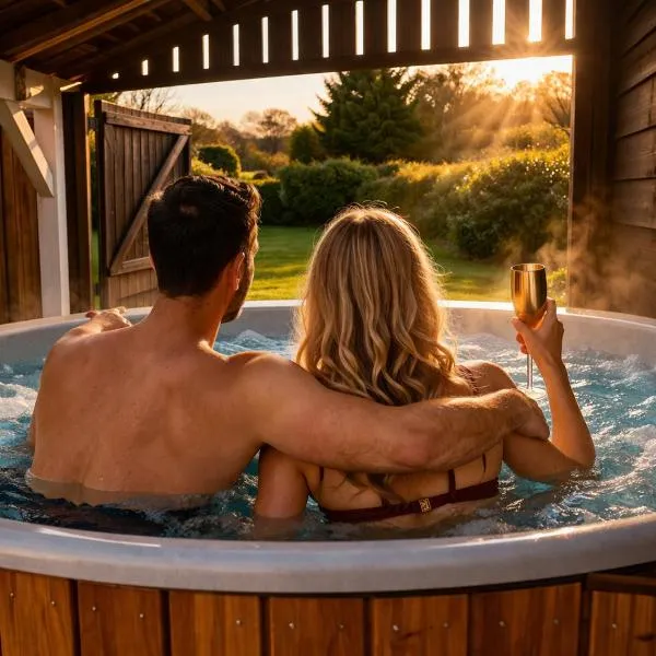 Wellness Tuin - Ultieme Partner Beleving - St Hubertus Suite met Indoor Jacuzzi, Openhaard, Privé Hottub en Privé Sauna in Jachthut stijl - Gratis Fles Prosecco & Leuke Partner connect box !, ξενοδοχείο σε Horst