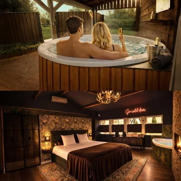 Wellness Tuin - Ultieme Partner Beleving - St Hubertus Suite met Indoor Jacuzzi, Openhaard, Privé Hottub en Privé Sauna in Jachthut stijl - Gratis Fles Prosecco & Leuke Partner connect box !, Hotel in Horst