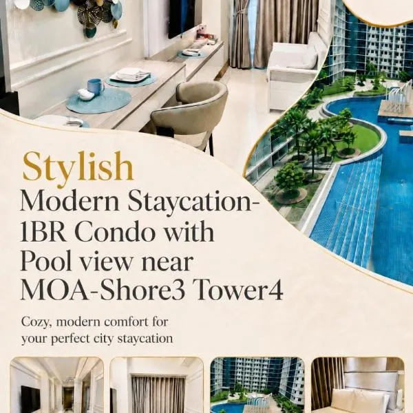 Stylish Modern Staycation-1BR Condo with Pool view near MOA-Shore3 Tower4: Manila şehrinde bir otel