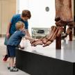 a woman and a young boy looking at a skeleton in a museum