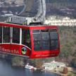 a red cable car flying over a body of water