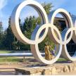 a sculpture of the olympic rings in a park