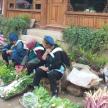 a group of people sitting on a bench with vegetables