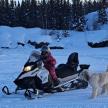 a person on a snowmobile with a dog in the snow