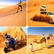 four pictures of people riding horses in the desert