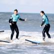 two men in wet suits on surfboards in the ocean