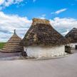 three huts with thatched roofs in a field