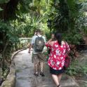 a man and a woman walking through the jungle