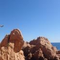 two people climbing on rocks on the beach