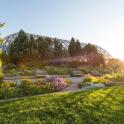 a garden with benches and flowers in a park