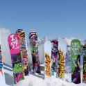 a row of snowboards are lined up in the snow
