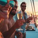 three people on a boat with glasses of champagne