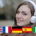 a woman wearing headphones and holding flags of different countries
