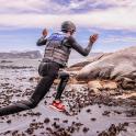 Un hombre con traje de neopreno saltando sobre unas rocas