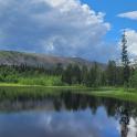 a lake with trees and a mountain in the background