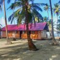 a house with a red roof on a beach with palm trees