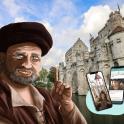 a painting of a man with a cell phone and a castle