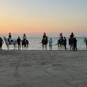 a group of people riding horses on the beach