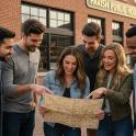 a group of people looking at a map