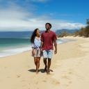 A beach scene in Maui, Hawaii, with travelers walking and relaxing by the ocean on a sunny day.