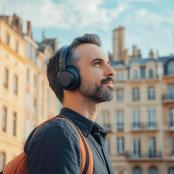 a man wearing headphones standing in front of a building