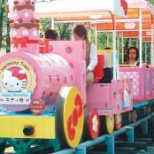 a pink train on a ride at a park