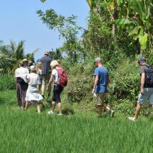 a group of people walking in the grass