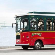 a red and green bus driving down a street