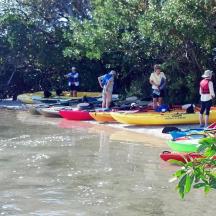 a group of people standing next to boats on a river