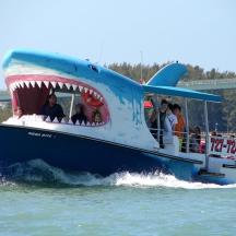 a blue boat with a large shark on the water