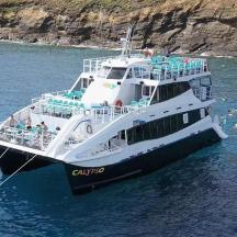 a ferry boat in the water near a cliff